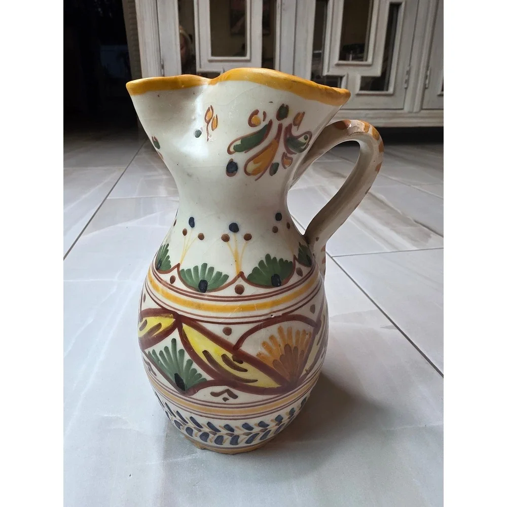 Vintage Toledo G.M. Spanish Hand‎ Painted Ceramic Pitcher Pottery Spouted Jug E1